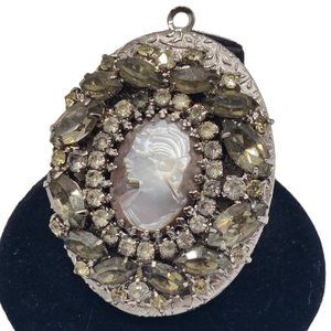 Vintage Hobe Cameo Locket Pendant Silver Tone Mother of Pearl Rhinestone